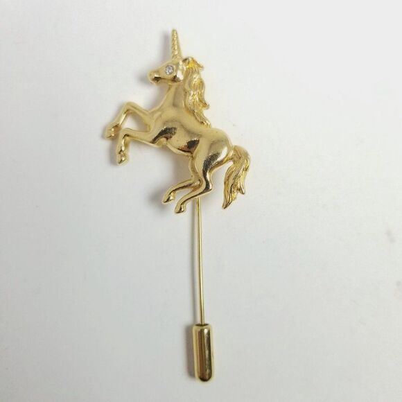 Vintage Unicorn Stick Pin, Gold Tone Rhinestone Eye Magical Creature Brooch - Picture 2 of 7